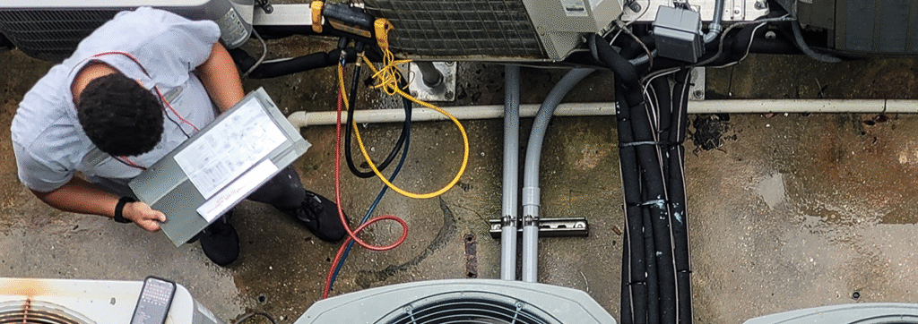 Tech inspecting Installation