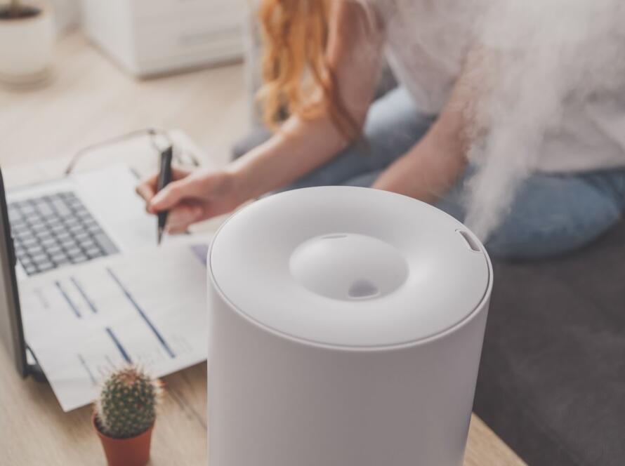 A woman is working on her laptop next to a humidifier.