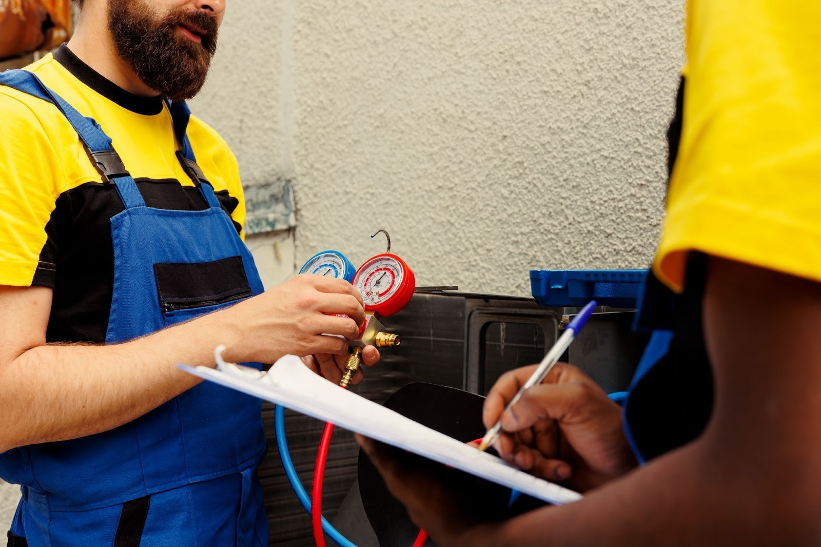 Two HVAC professionals measuring refrigerant pressure during air conditioner service